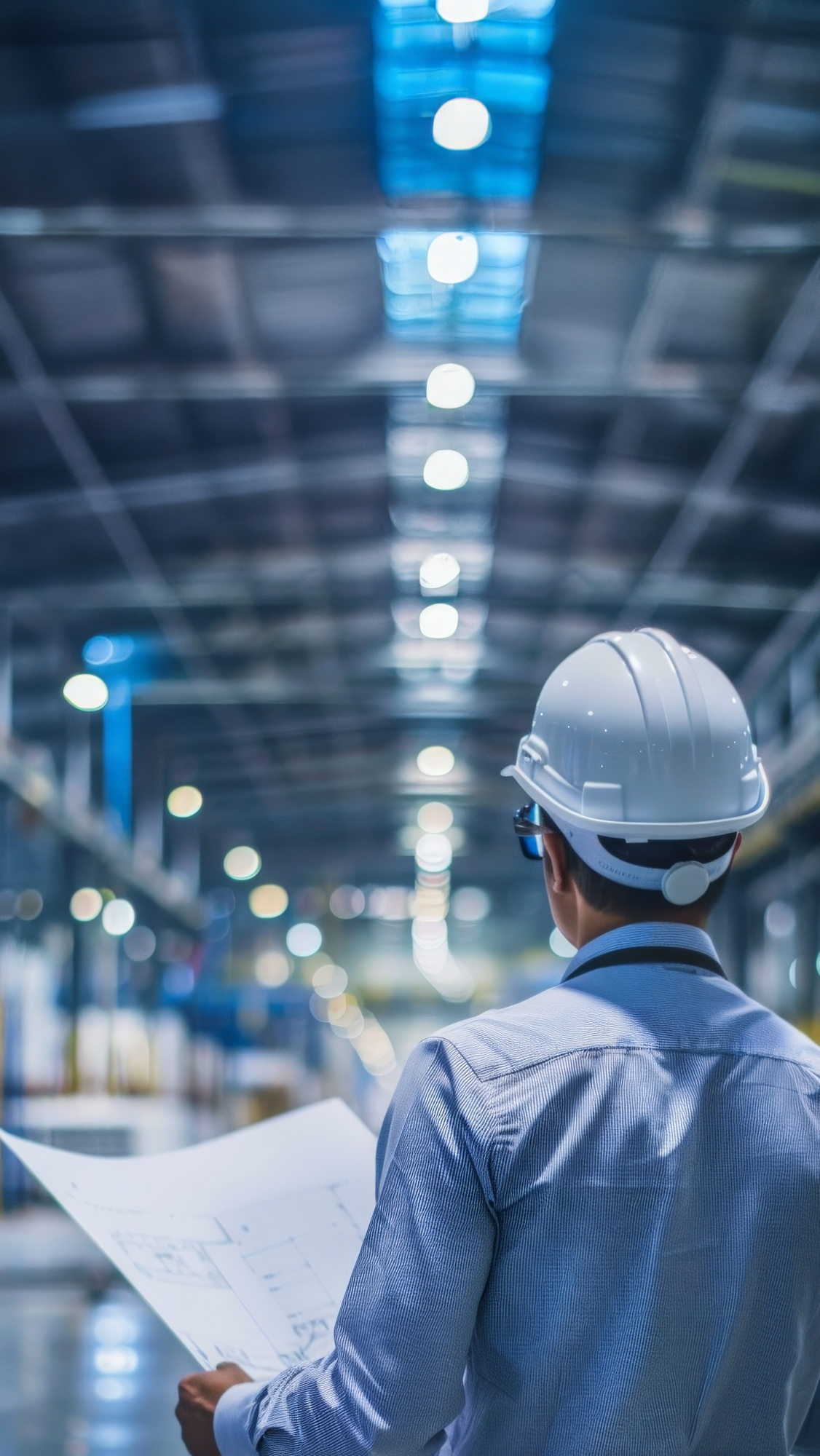 Foto von einem Zivil&shy;ingenieur in einer Halle mit Plan